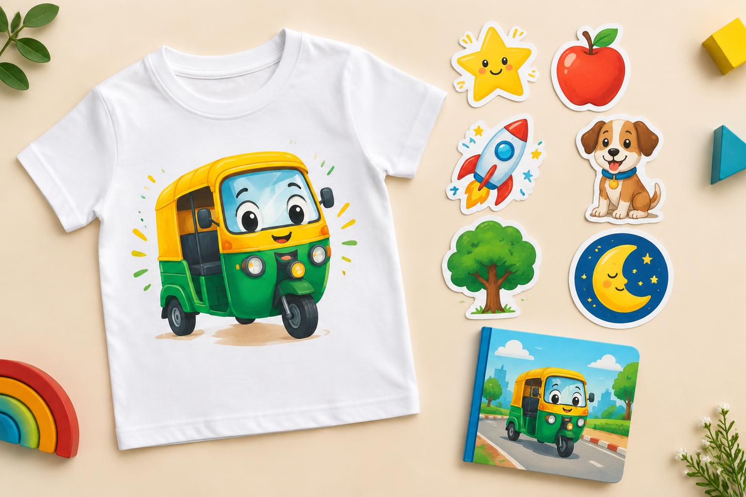 Personalized children's storybook, T-shirt and stickers arranged together